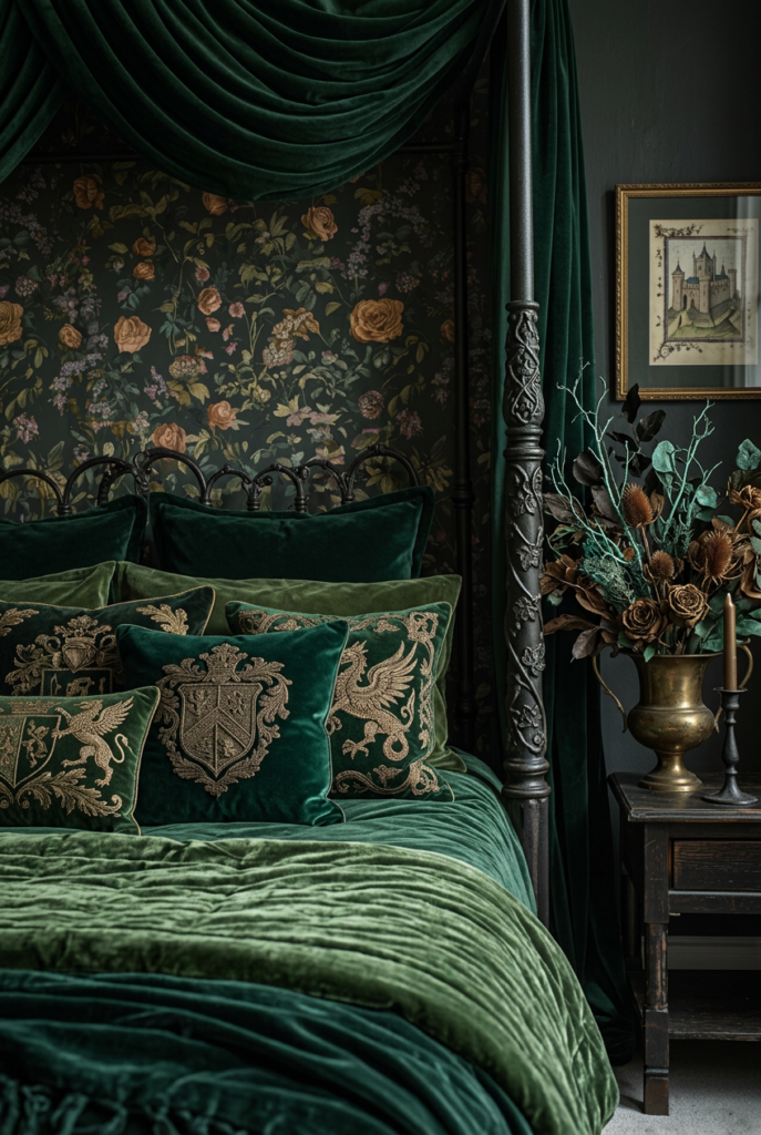 Moody dark fairytale bedroom with emerald green velvet bedding on a black iron bed, layered gold-embroidered velvet pillows with dragon and crest designs, and dark floral wallpaper.