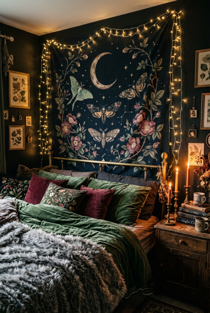 Cozy dark fairytale bedroom with a large botanical moon and moth tapestry above a brass bed, layered green velvet and maroon pillows, soft grey faux fur throw, warm fairy lights, and candlelight creating a mystical atmosphere.
