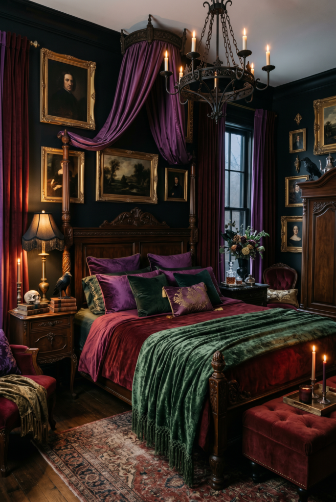 Gothic maximalism bedroom gallery wall with ornate dark frames, oil portrait prints and baroque mirrors on charcoal