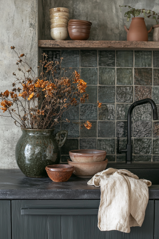 Slate grey stone. Terracotta as the warm accent. Forest green stoneware. Near-black iron. Cream linen as the breathing room. The dark cottagecore kitchen palette explained — and it's more liveable than you think. Full guide on the blog. | #darkcottagecorекitchen #gothickitchenpalette #cottagegoth #darkaesthetichome #witchkitchen