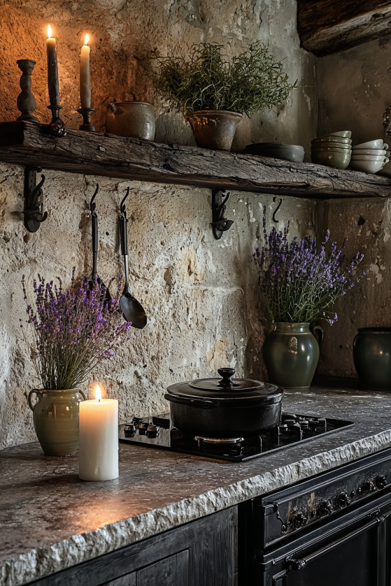 Dark witch kitchen aesthetic with dark stoneware ceramics, dried herb bundles and candlelight glowing on stone countertops