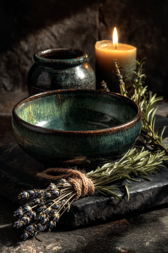 Cast iron hanging from wrought iron hooks. Dried herbs sharing the rack with the cookware. Stone surfaces that hold the candlelight. This is the cottagegoth kitchen at its most theatrical — every element earning its place. Design guide on the blog. | #cottagegothkitchen #ironpotrack #gothickitchendecor #witchkitchen #darkhome