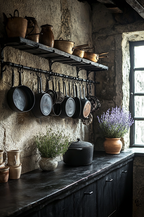 Cast iron hanging from wrought iron hooks. Dried herbs sharing the rack with the cookware. Stone surfaces that hold the candlelight. This is the cottagegoth kitchen at its most theatrical — every element earning its place. Design guide on the blog. | #cottagegothkitchen #ironpotrack #gothickitchendecor #witchkitchen #darkhome